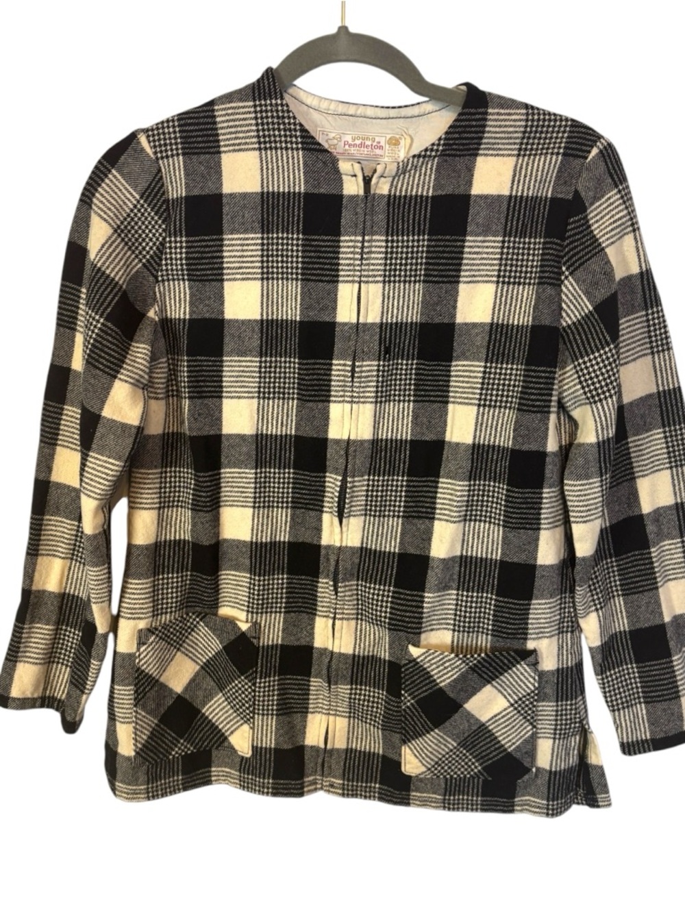 Young Pendleton Black Cream Plaid Zip-Front Jacket pure virgin wool youth 7-8